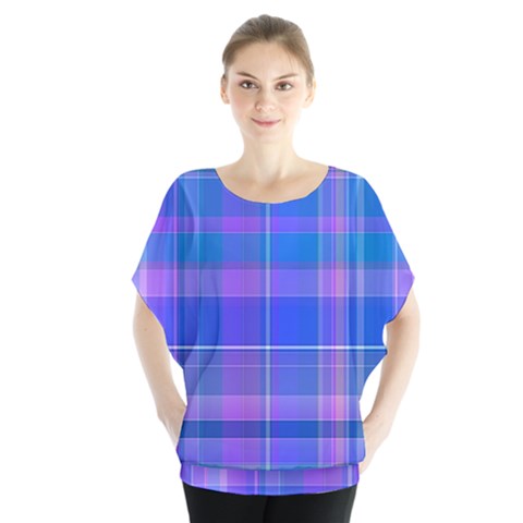 Madras Plaid Blue Purple Batwing Chiffon Blouse by SpinnyChairDesigns