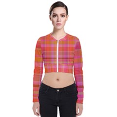 Pink Orange Madras Plaid Long Sleeve Zip Up Bomber Jacket by SpinnyChairDesigns