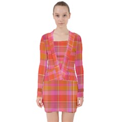 Pink Orange Madras Plaid V-neck Bodycon Long Sleeve Dress by SpinnyChairDesigns