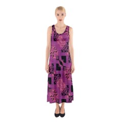 Fuchsia Black Abstract Checkered Stripes  Sleeveless Maxi Dress by SpinnyChairDesigns