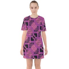 Fuchsia Black Abstract Checkered Stripes  Sixties Short Sleeve Mini Dress by SpinnyChairDesigns