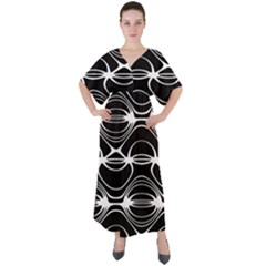 Black And White Clam Shell Pattern V-neck Boho Style Maxi Dress by SpinnyChairDesigns