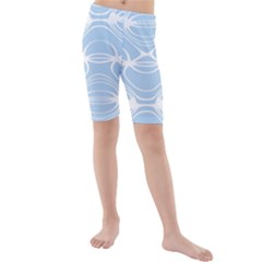 Blue And White Clam Shell Stripes Kids  Mid Length Swim Shorts by SpinnyChairDesigns