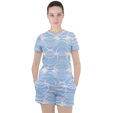 Blue And White Clam Shell Stripes Women s Tee And Shorts Set by SpinnyChairDesigns