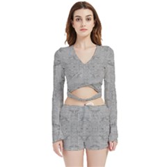 Silver Grey Decorative Floral Pattern Velvet Wrap Crop Top