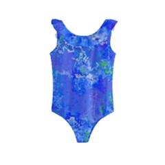 Bright Blue Paint Splatters Kids  Frill Swimsuit by SpinnyChairDesigns