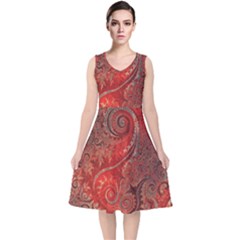 Scarlet Red Grey Brown Swirls Spirals V-neck Midi Sleeveless Dress  by SpinnyChairDesigns