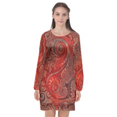 Scarlet Red Grey Brown Swirls Spirals Long Sleeve Chiffon Shift Dress  by SpinnyChairDesigns