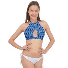 Abstract Blue Circles Mosaic Cross Front Halter Bikini Top by SpinnyChairDesigns