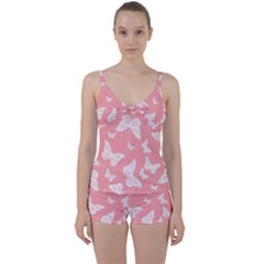 Pink And White Butterflies Tie Front Two Piece Tankini by SpinnyChairDesigns