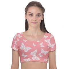 Pink And White Butterflies Velvet Short Sleeve Crop Top  by SpinnyChairDesigns