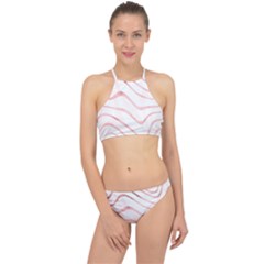 Pink Abstract Stripes On White Racer Front Bikini Set by SpinnyChairDesigns