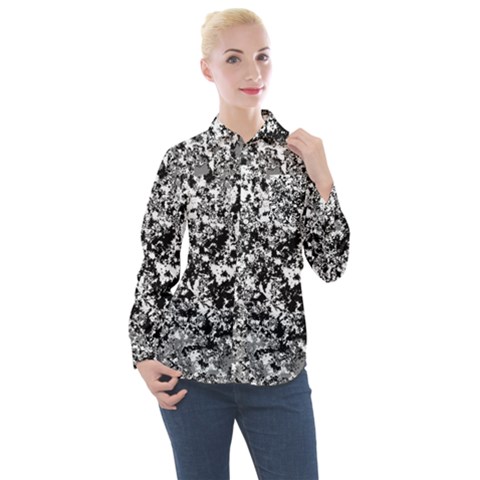 Black And White Grunge Stone Women s Long Sleeve Pocket Shirt by SpinnyChairDesigns