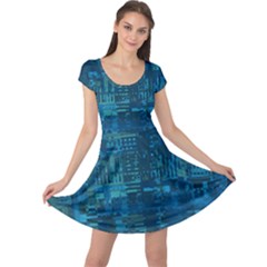 Blue Green Abstract Art Geometric Pattern Cap Sleeve Dress by SpinnyChairDesigns