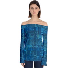 Blue Green Abstract Art Geometric Pattern Off Shoulder Long Sleeve Top by SpinnyChairDesigns