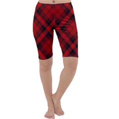 Red And Black Plaid Stripes Cropped Leggings  by SpinnyChairDesigns