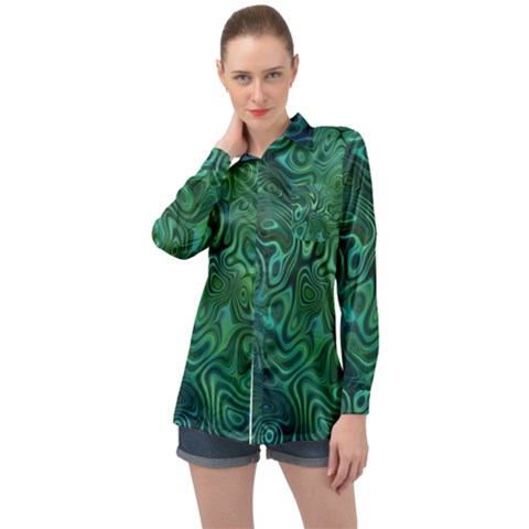 Emerald Green Blue Marbled Color Long Sleeve Satin Shirt by SpinnyChairDesigns