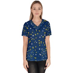 White Yellow Stars On Blue Color Women s V-neck Scrub Top by SpinnyChairDesigns