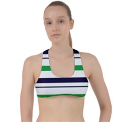Green With Blue Stripes Criss Cross Racerback Sports Bra by tmsartbazaar