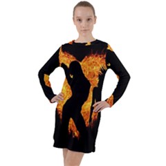 Shadow Heart Love Flame Girl Sexy Pose Long Sleeve Hoodie Dress by HermanTelo