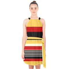 Contrast Yellow With Red Halter Collar Waist Tie Chiffon Dress by tmsartbazaar