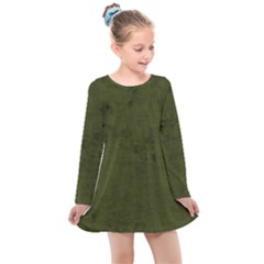 Army Green Color Grunge Kids  Long Sleeve Dress by SpinnyChairDesigns