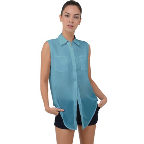 True Cadet Blue Teal Color Sleeveless Chiffon Button Shirt by SpinnyChairDesigns