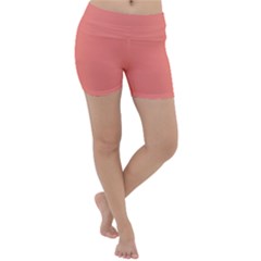 True Coral Pink Color Lightweight Velour Yoga Shorts by SpinnyChairDesigns