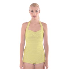 True Lemon Yellow Color Boyleg Halter Swimsuit  by SpinnyChairDesigns