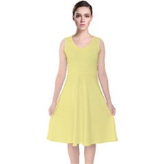 True Lemon Yellow Color V-neck Midi Sleeveless Dress  by SpinnyChairDesigns