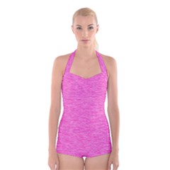 Neon Pink Color Texture Boyleg Halter Swimsuit  by SpinnyChairDesigns