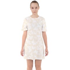 Champagne And White Butterflies Batik Sixties Short Sleeve Mini Dress by SpinnyChairDesigns