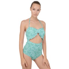 Biscay Green Monarch Butterflies Scallop Top Cut Out Swimsuit by SpinnyChairDesigns