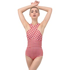 Red White Gingham Plaid Cross Front Low Back Swimsuit by SpinnyChairDesigns