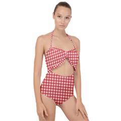 Red White Gingham Plaid Scallop Top Cut Out Swimsuit by SpinnyChairDesigns