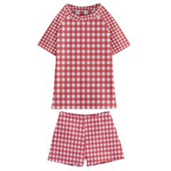 Red White Gingham Plaid Kids  Swim Tee And Shorts Set by SpinnyChairDesigns