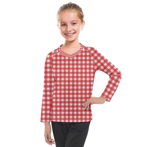 Red White Gingham Plaid Kids  Long Mesh Tee by SpinnyChairDesigns