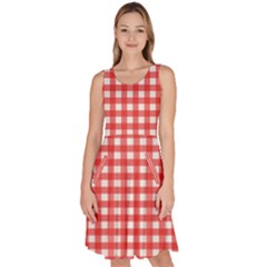 Red White Gingham Plaid Knee Length Skater Dress With Pockets by SpinnyChairDesigns