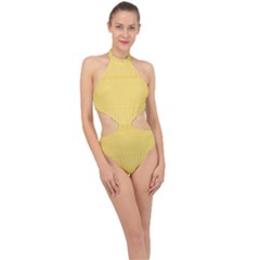 Saffron Yellow Color Stripes Halter Side Cut Swimsuit by SpinnyChairDesigns