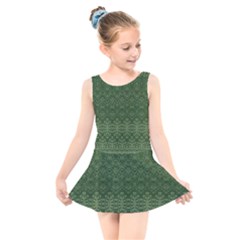 Boho Fern Green Pattern Kids  Skater Dress Swimsuit by SpinnyChairDesigns