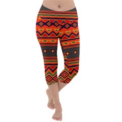 Boho Orange Tribal Pattern Lightweight Velour Capri Yoga Leggings by SpinnyChairDesigns