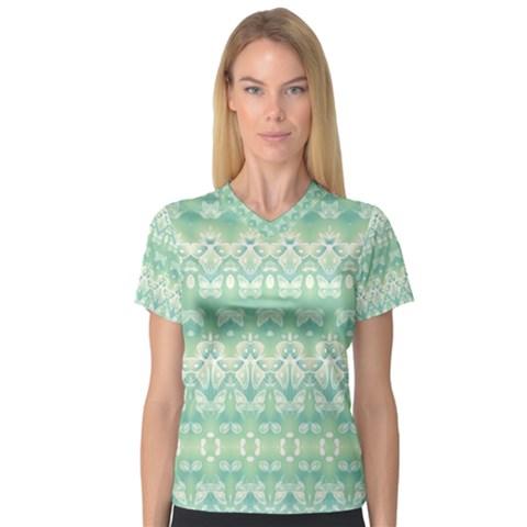 Boho Biscay Green Pattern V-neck Sport Mesh Tee by SpinnyChairDesigns