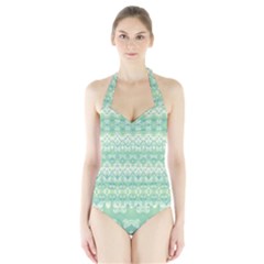 Boho Biscay Green Pattern Halter Swimsuit by SpinnyChairDesigns