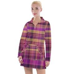 Magenta Gold Madras Plaid Women s Long Sleeve Casual Dress by SpinnyChairDesigns