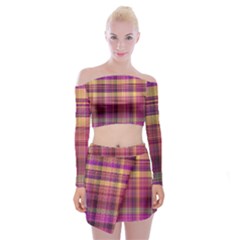 Magenta Gold Madras Plaid Off Shoulder Top With Mini Skirt Set by SpinnyChairDesigns