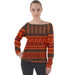 Boho Aztec Rust Orange Color Stripes Off Shoulder Long Sleeve Velour Top by SpinnyChairDesigns