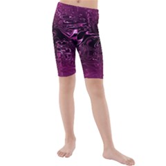 Magenta Black Swirl Kids  Mid Length Swim Shorts by SpinnyChairDesigns