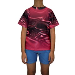 Crimson Red Black Swirl Kids  Short Sleeve Swimwear by SpinnyChairDesigns