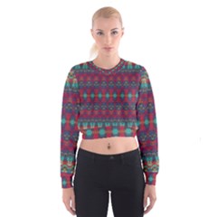 Boho Red Teal Pattern Cropped Sweatshirt by SpinnyChairDesigns