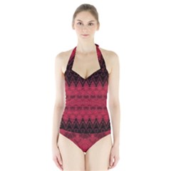 Boho Red Black Pattern Halter Swimsuit by SpinnyChairDesigns